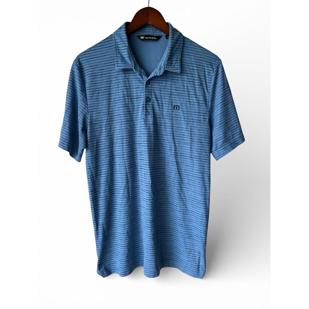 Mens Travis Mathew Performance Striped Polo Golf Shirt Size LG Blue